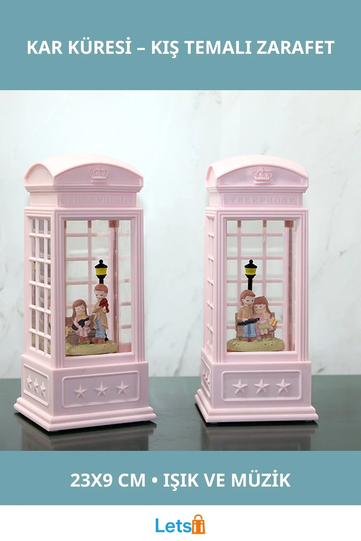 Işıklı Müzikli Telefon Kulübeli Kış Masalı Kar Küresi 23x9 cm