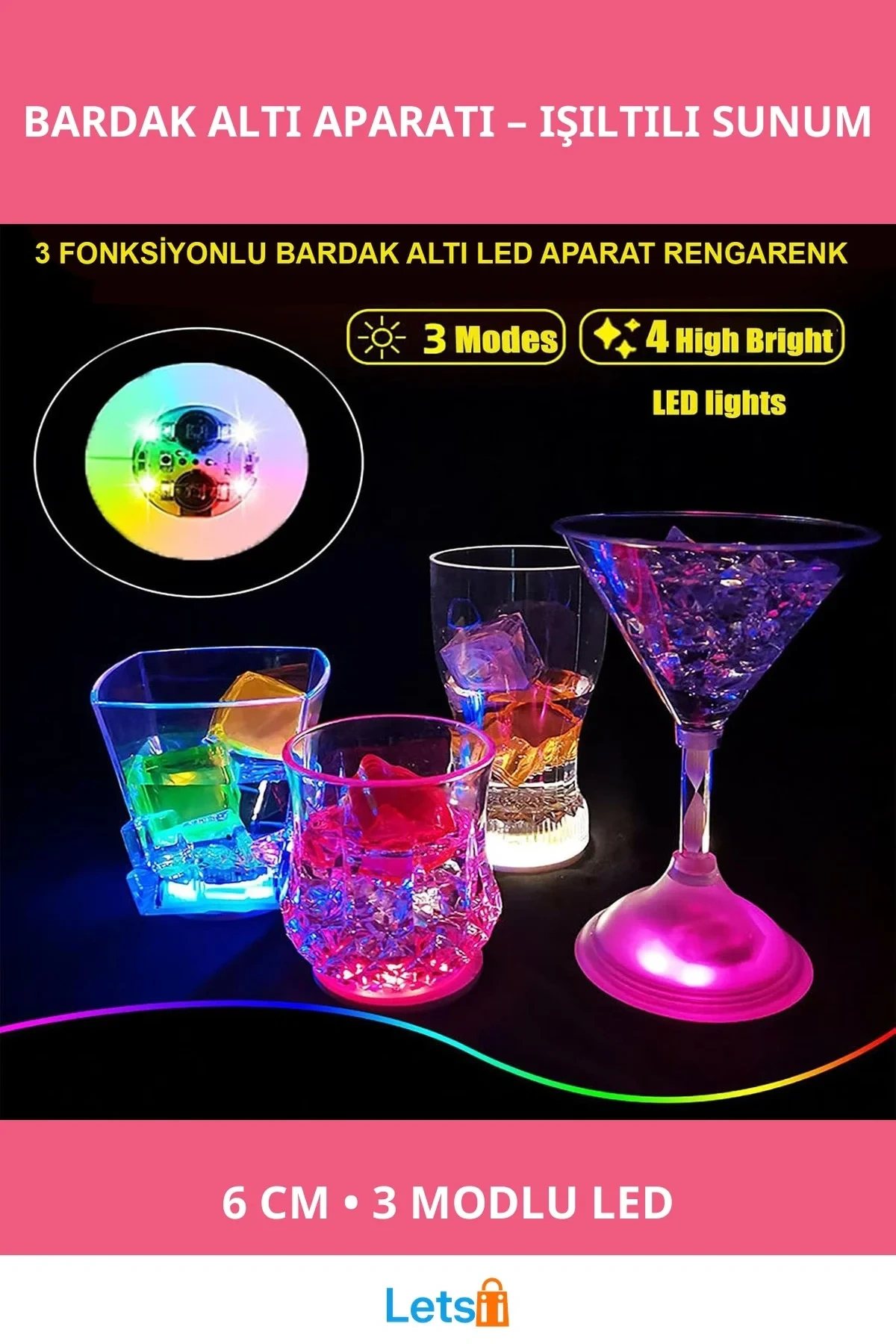 Işıklı Yapışkanlı Bardak Altı Aparatı LEDli 3 Modlu