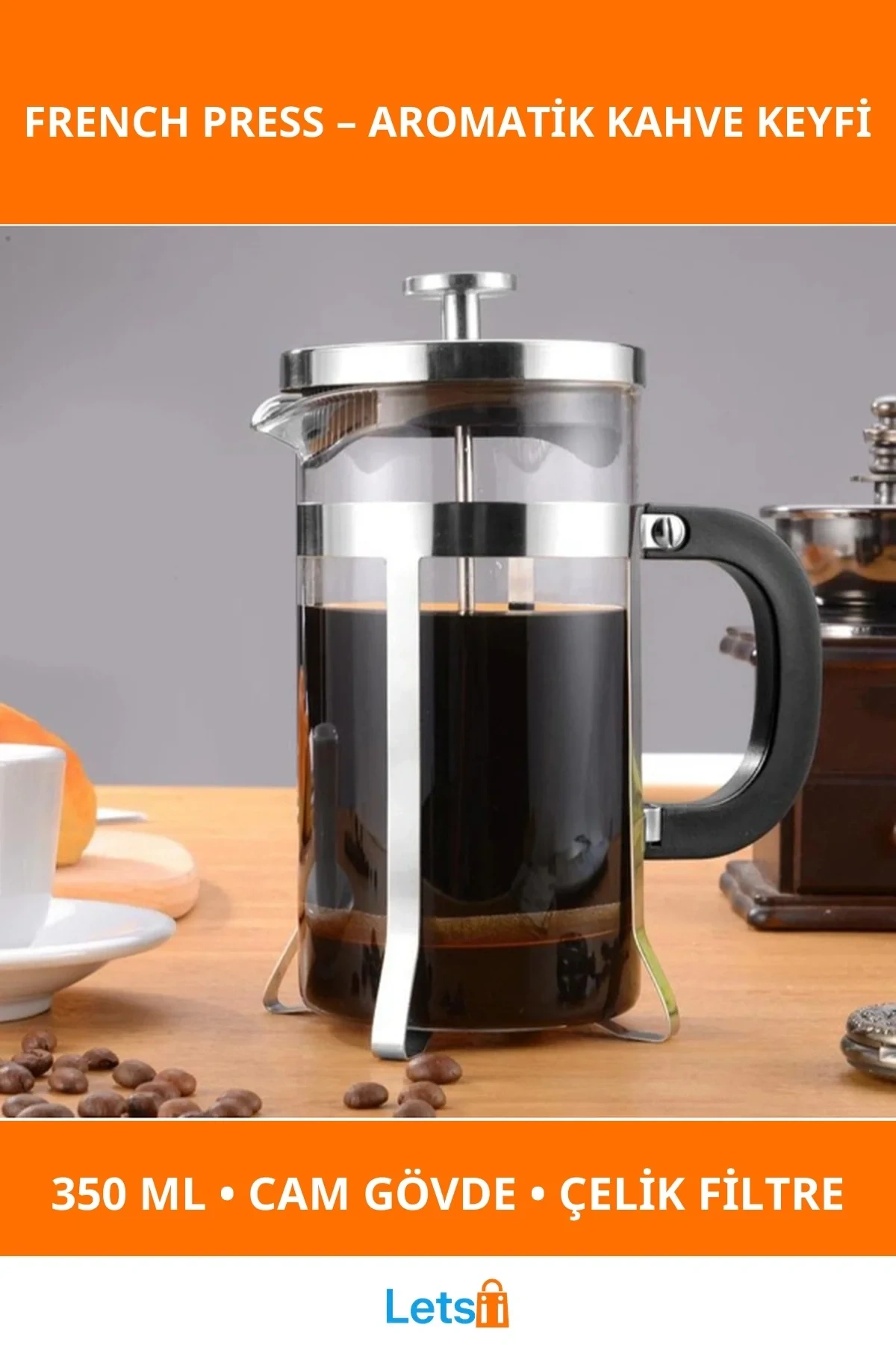 Isıya Dayanıklı Cam French Press 350 ml Paslanmaz Çelik Filtre