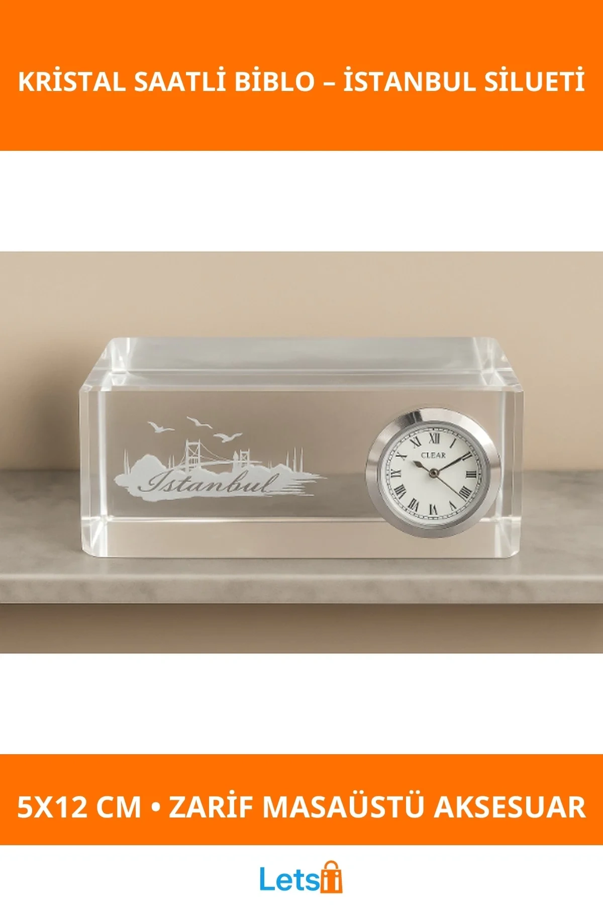 İstanbul Tasarımlı Kristal Saatli Biblo 5x12 cm Masaüstü Aksesuar