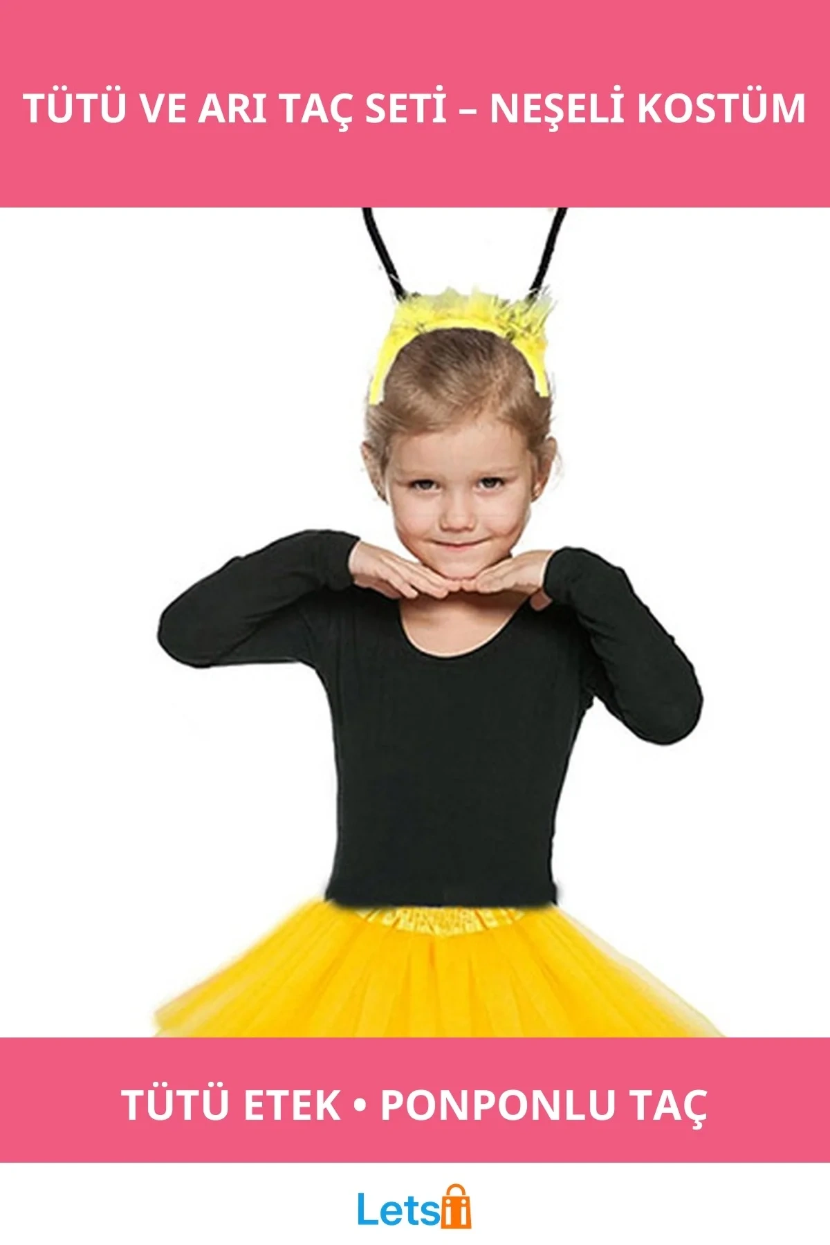 Kabarık Sarı Tül Tütü Etek ve Ponponlu Arı Taç