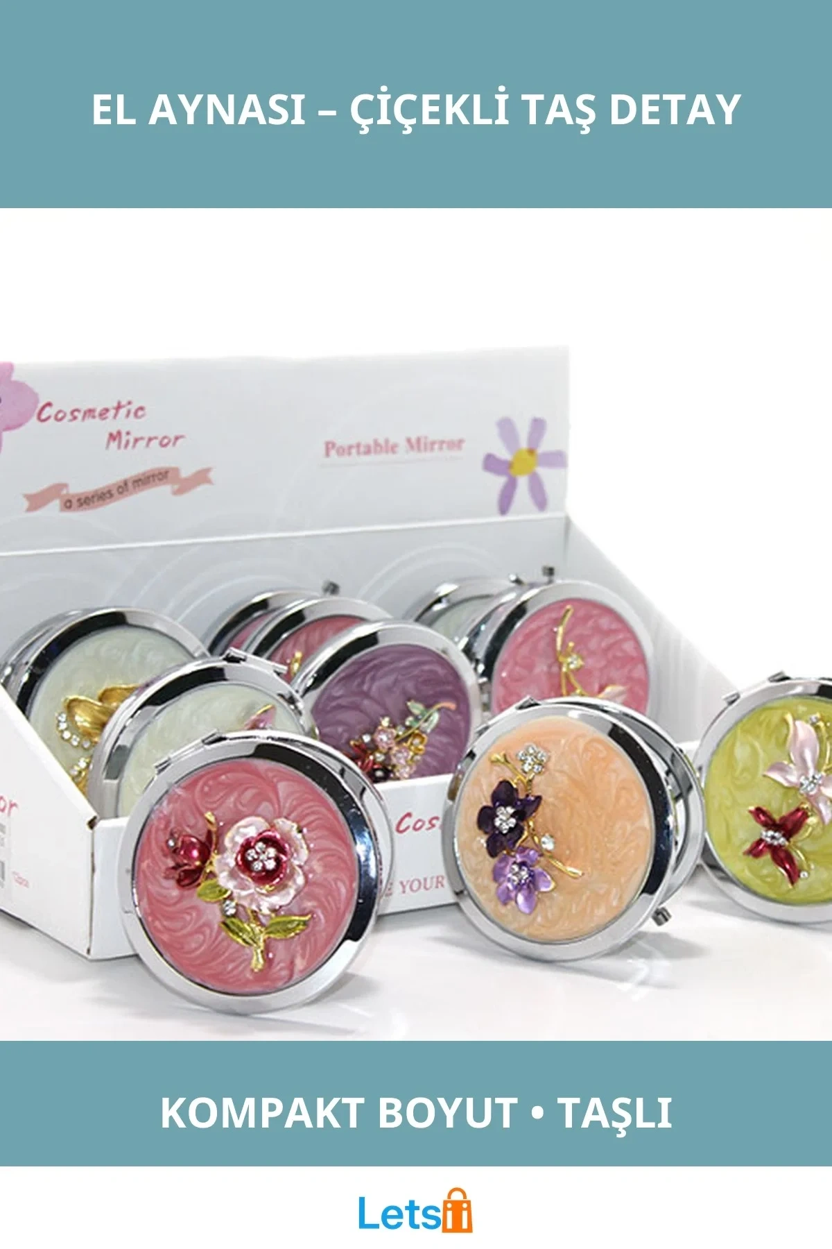 Kabartmalı Çiçek Desenli Taşlı El Aynası