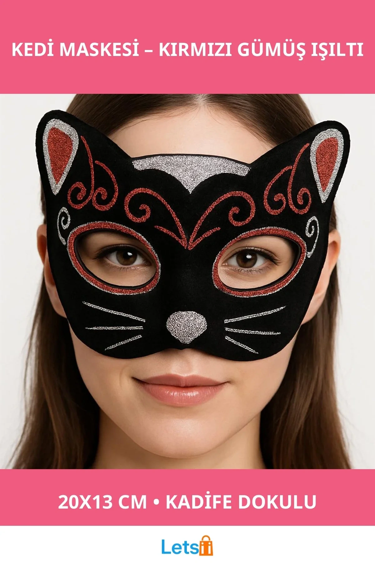 Kadife Dokulu Kedi Maskesi Kırmızı Gümüş Detaylı