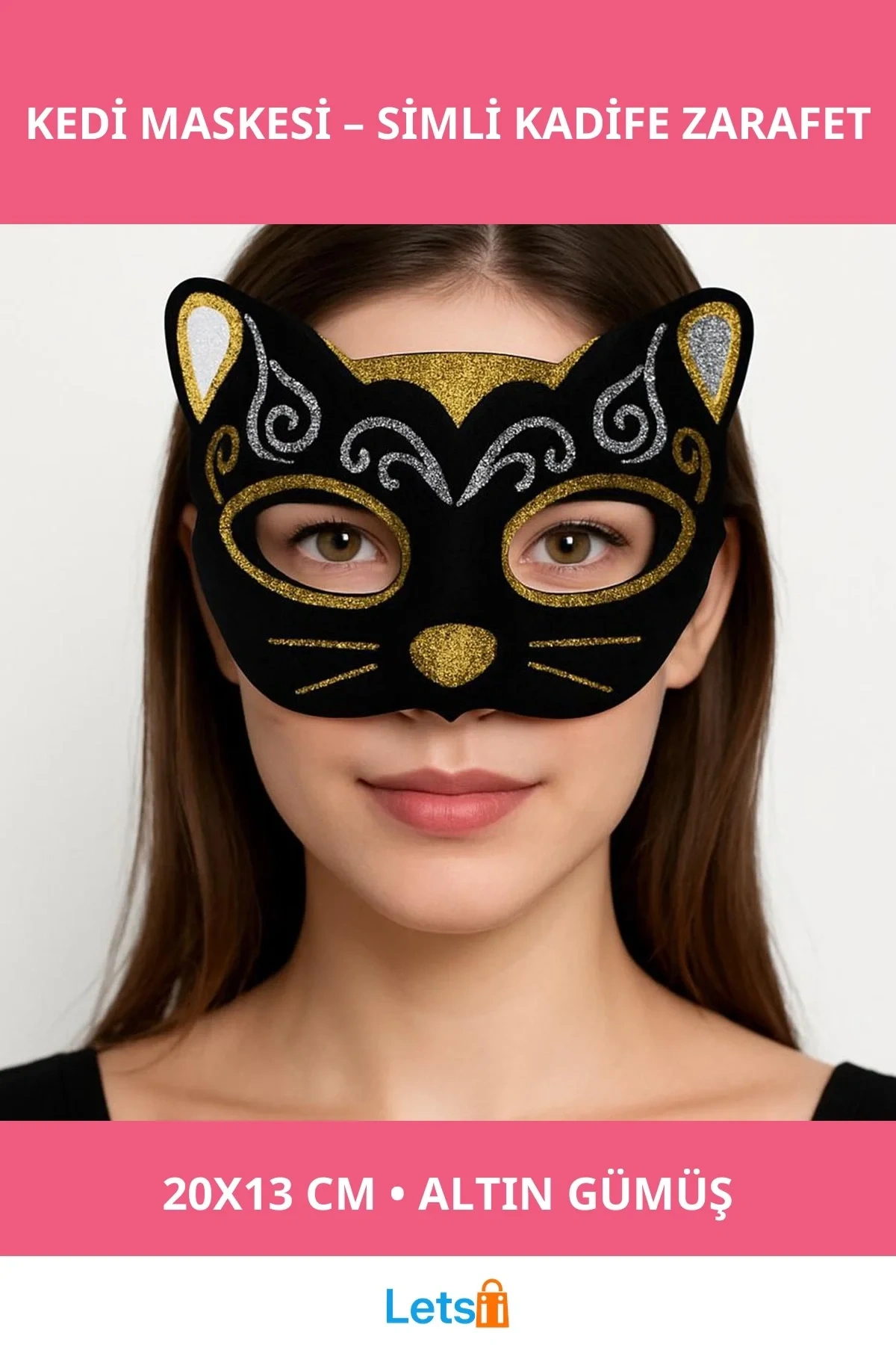 Kadife Dokulu Simli Kedi Maskesi Altın Gümüş Detaylı 20x13 cm