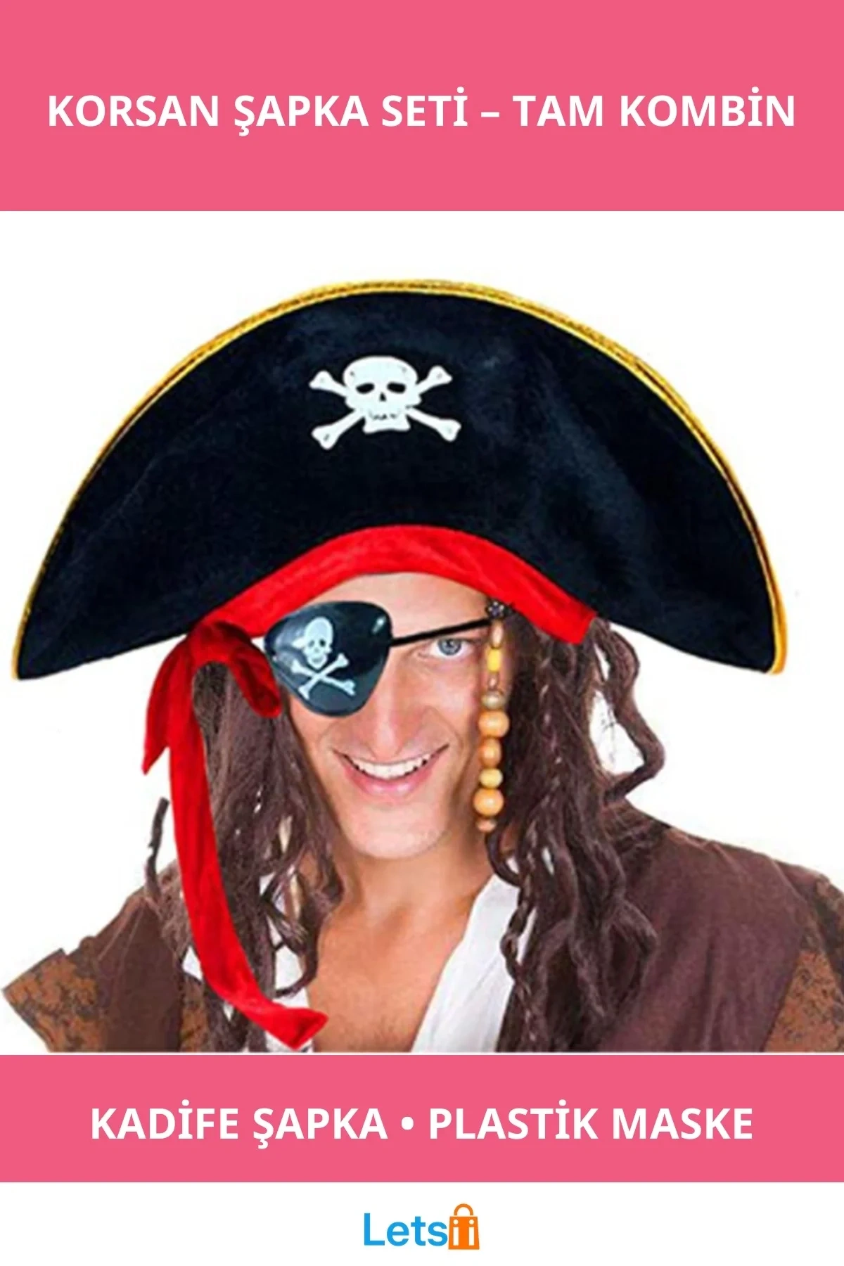 Kadife Kaptan Jack Sparrow Korsan Şapkası ve Plastik Göz Maskesi