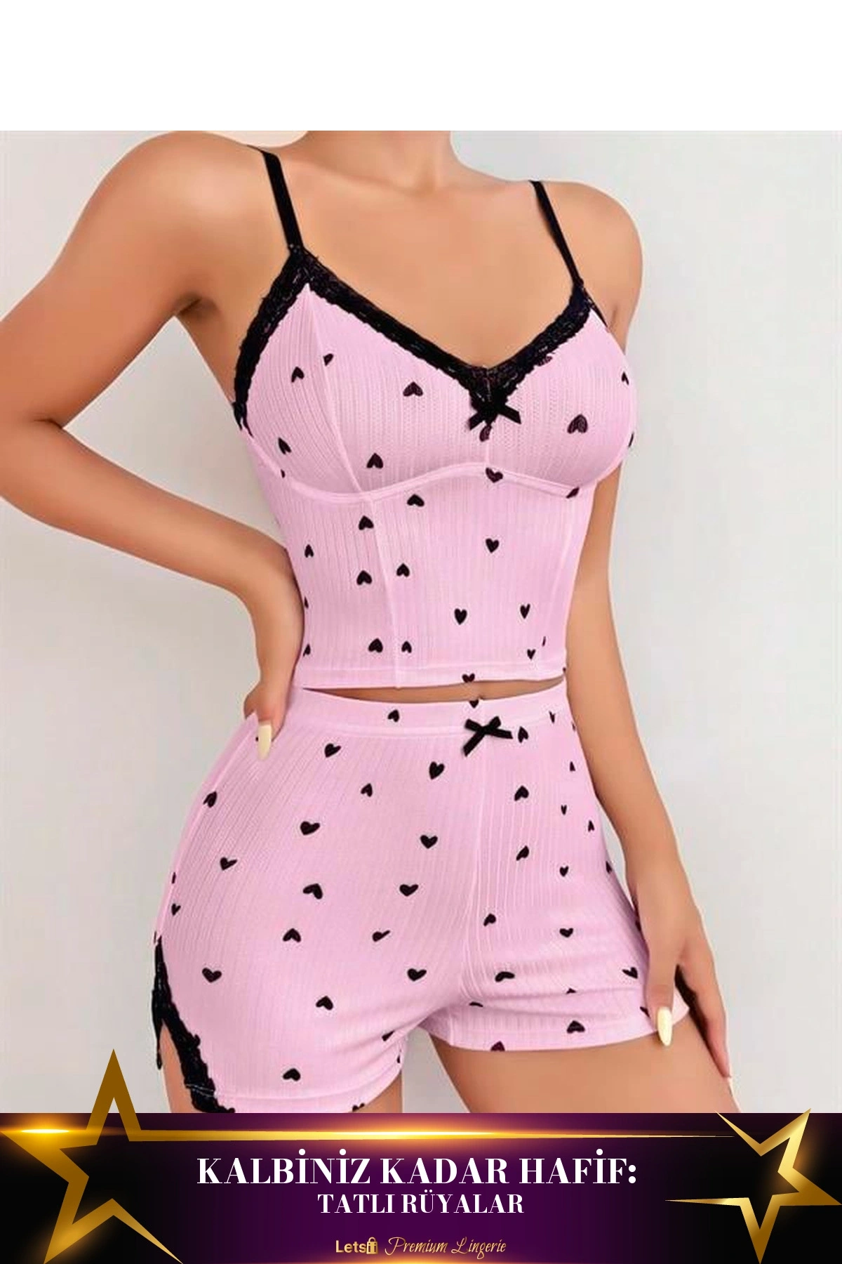 Kadın Kalp Desenli Askılı Şortlu Pijama Takım Pembe Renk