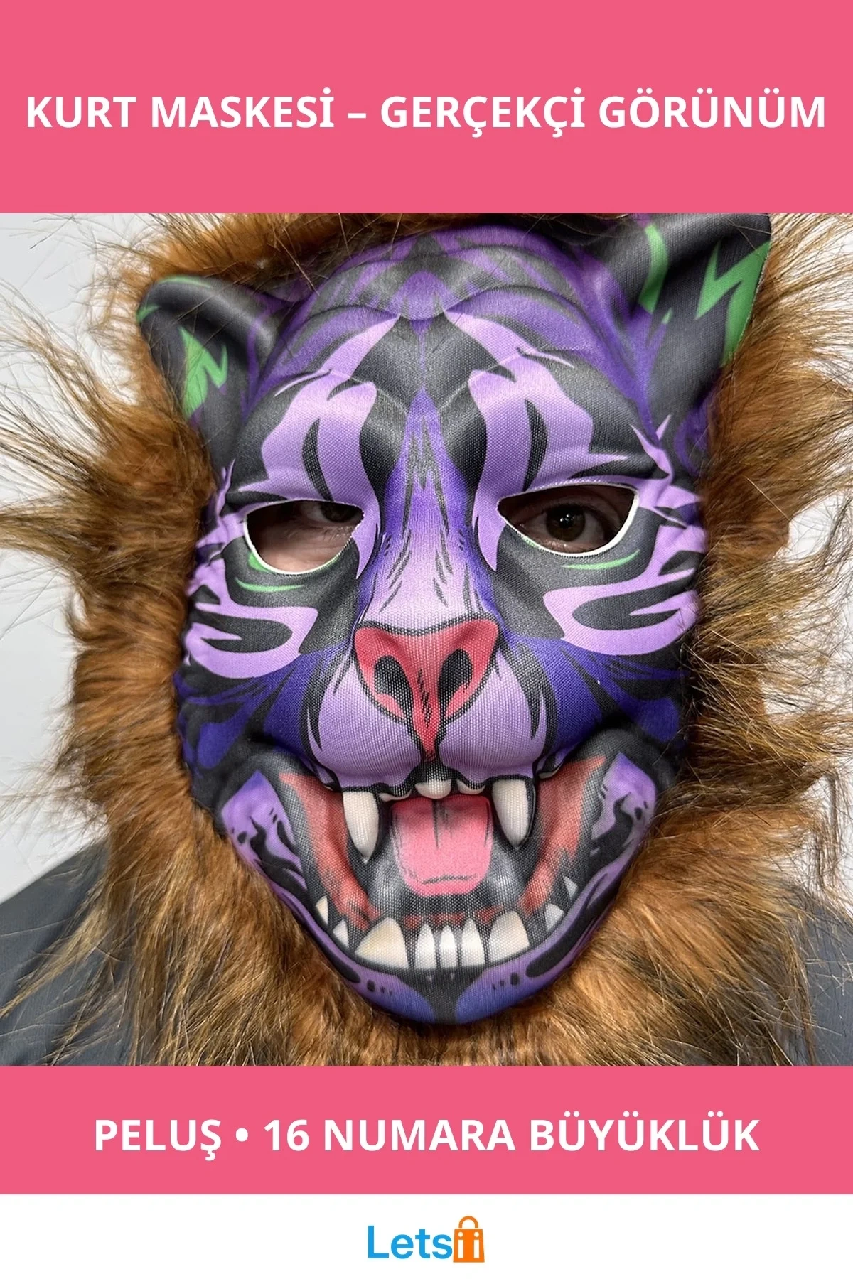 Kahverengi Peluş Dişli Kurt Maskesi Mega 16 No