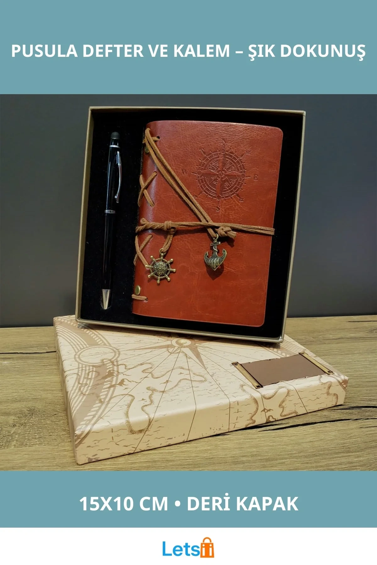 Kahverengi Pusula Tasarım Deri Defter Siyah Kalem