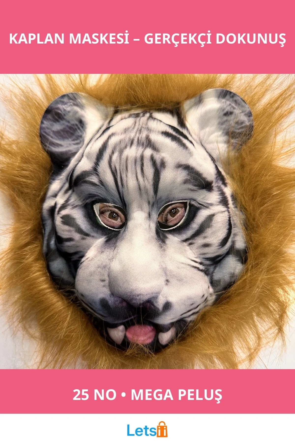 Kahverengi Saçlı Dişli Kaplan Maskesi Mega Peluş 25 No