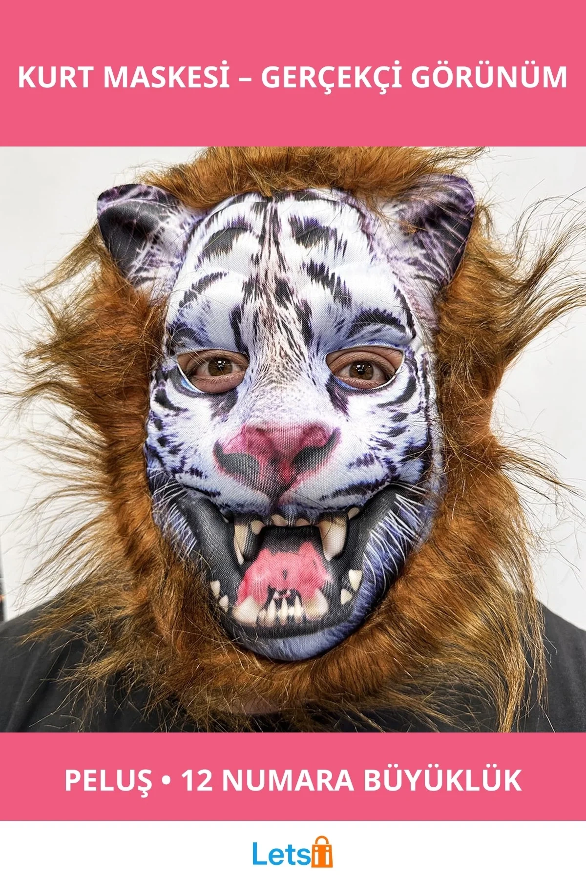 Kahverengi Saçlı Dişli Kurt Maskesi Mega Peluş Yetişkinler İçin