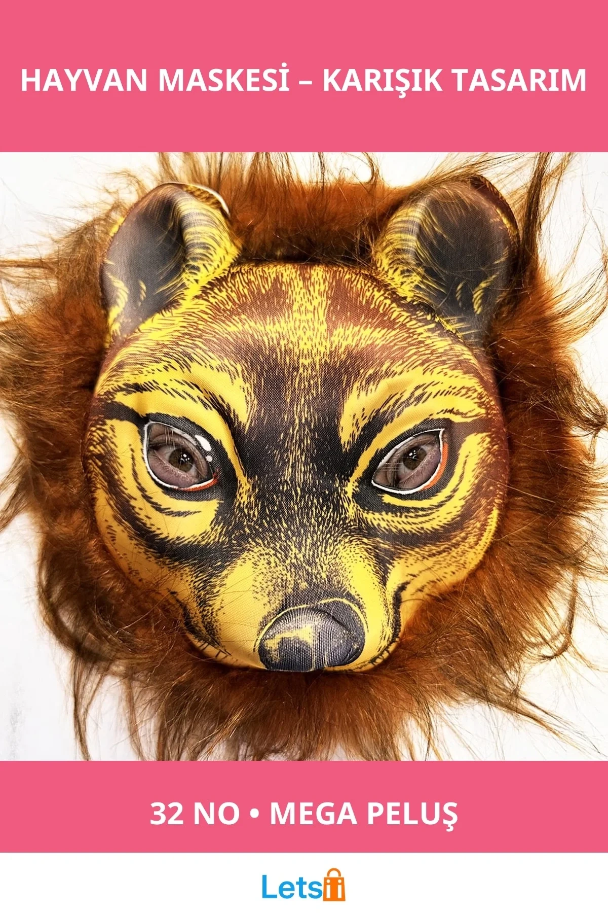 Kahverengi Saçlı Kaplan Aslan Leopar Maskesi Mega Peluş 32 No