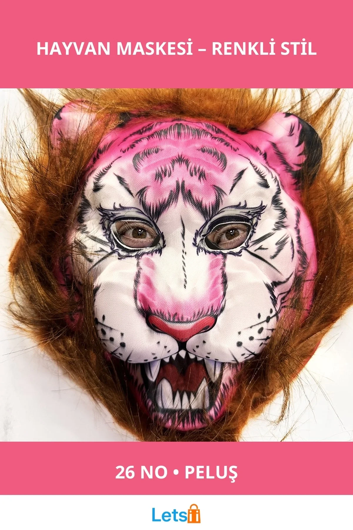 Kahverengi Saçlı Pembe Yüz Peluş Kurt Kaplan Maskesi 26 No