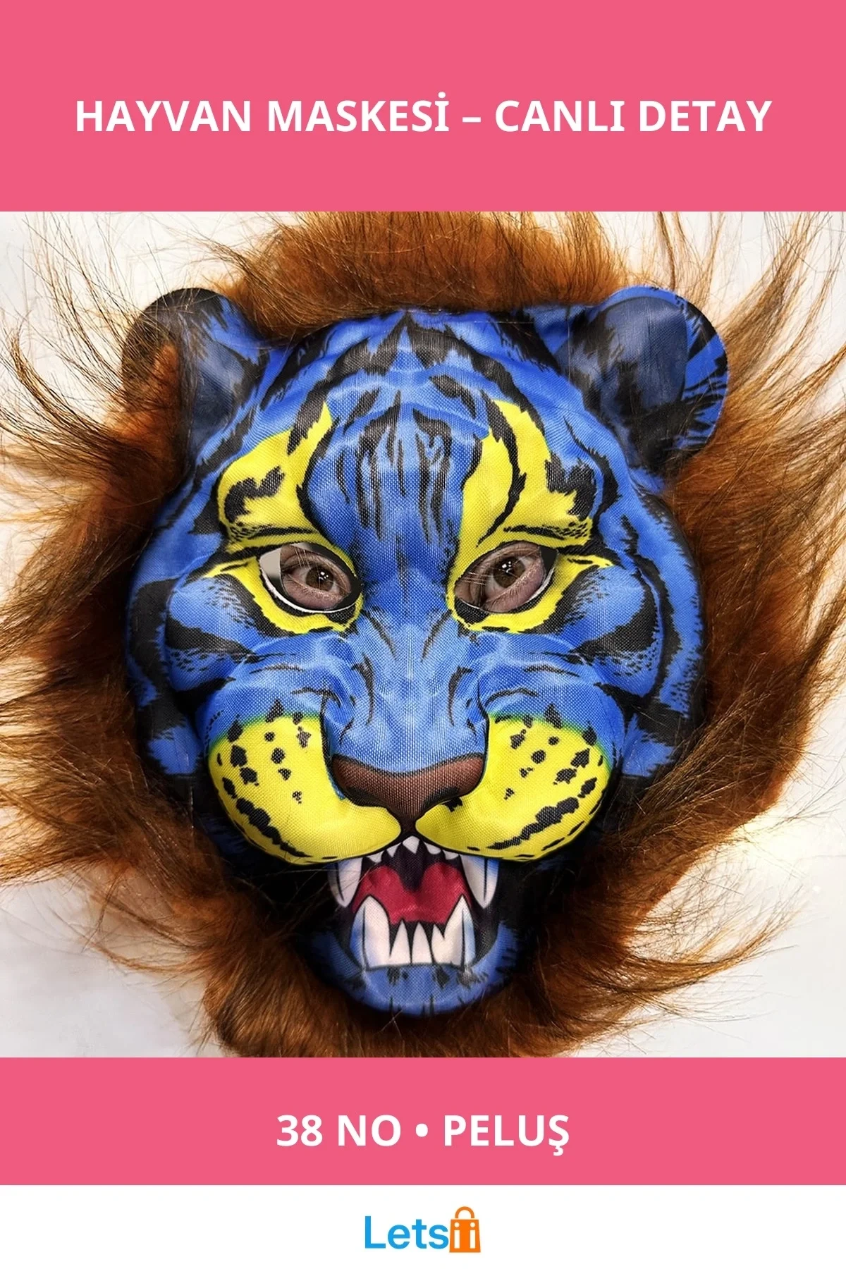 Kahverengi Yeleli Mavi Yüz Peluş Kurt Kaplan Maskesi 38 No