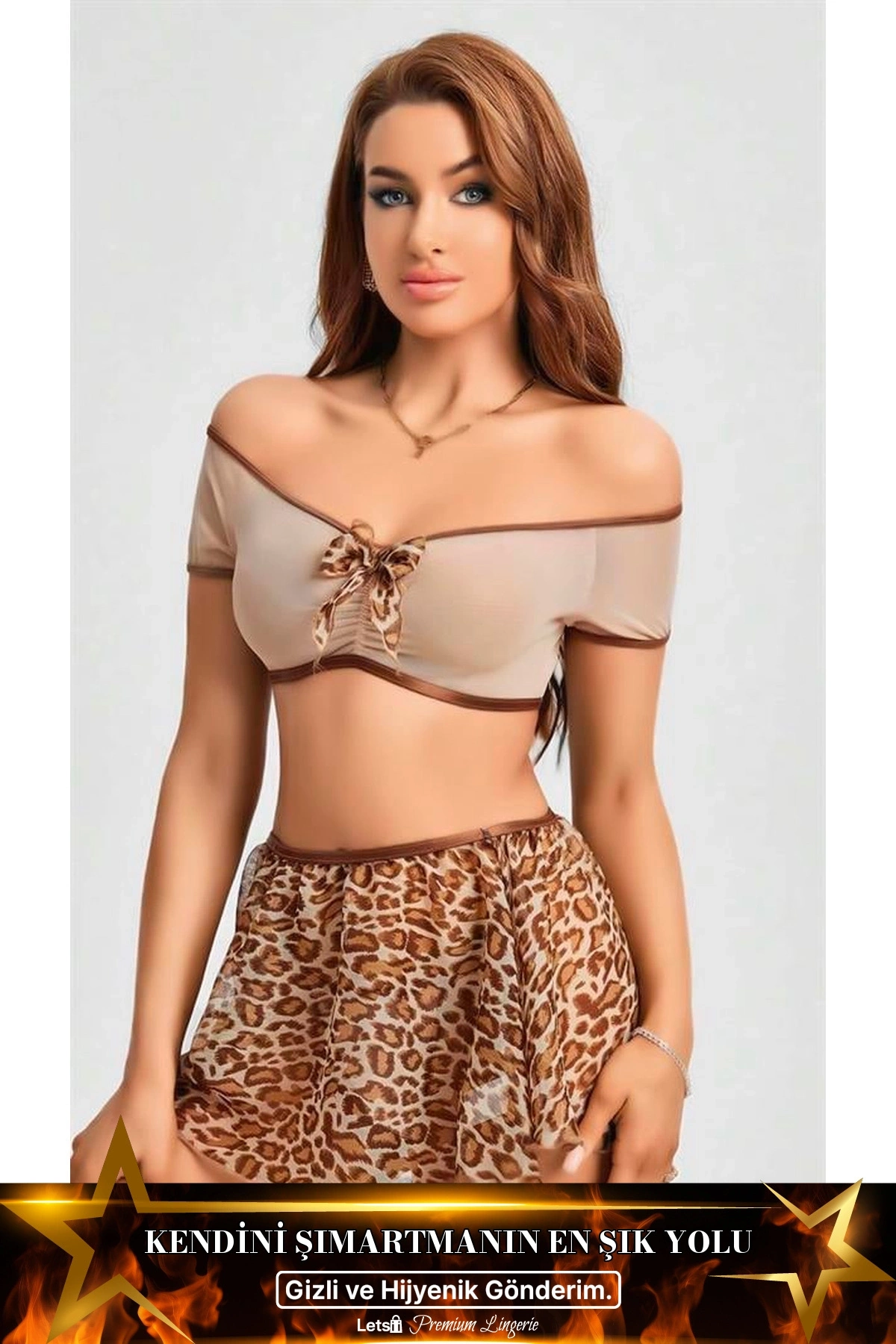 Kalın Askılı Fantezi Gecelik Leopar Renk