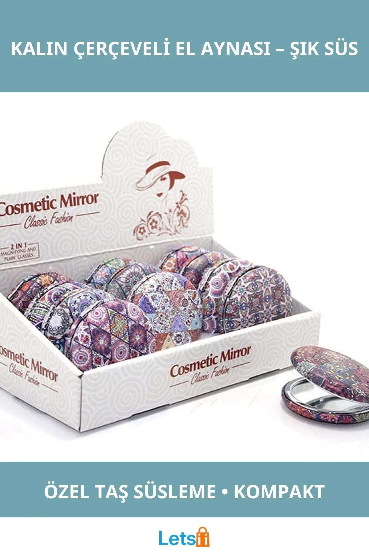 Kalın Çerçeveli Yuvarlak Taşlı El Aynası