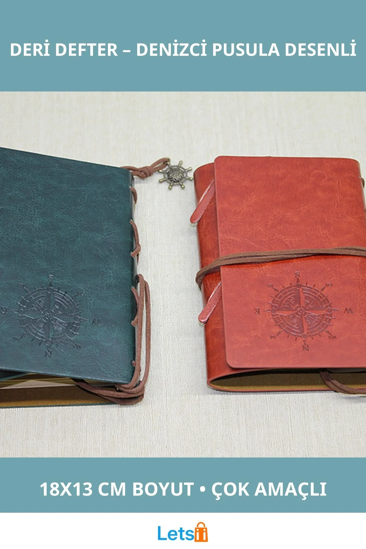 Kaliteli Deri Günlük Defter Model 16 Denizci Pusulası Desenli