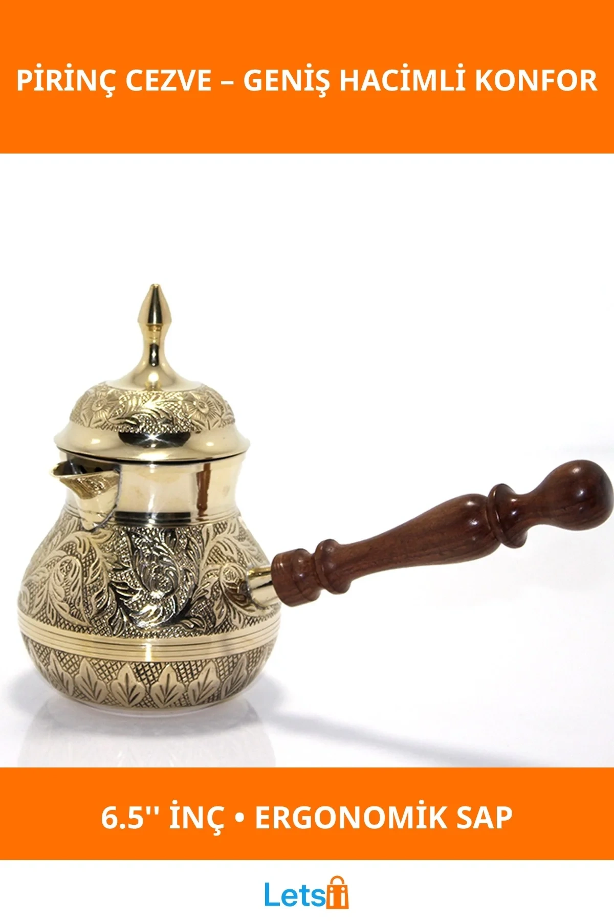 Kaliteli Pirinç Ahşap Saplı 6.5 İnç Türk Kahvesi Cezvesi