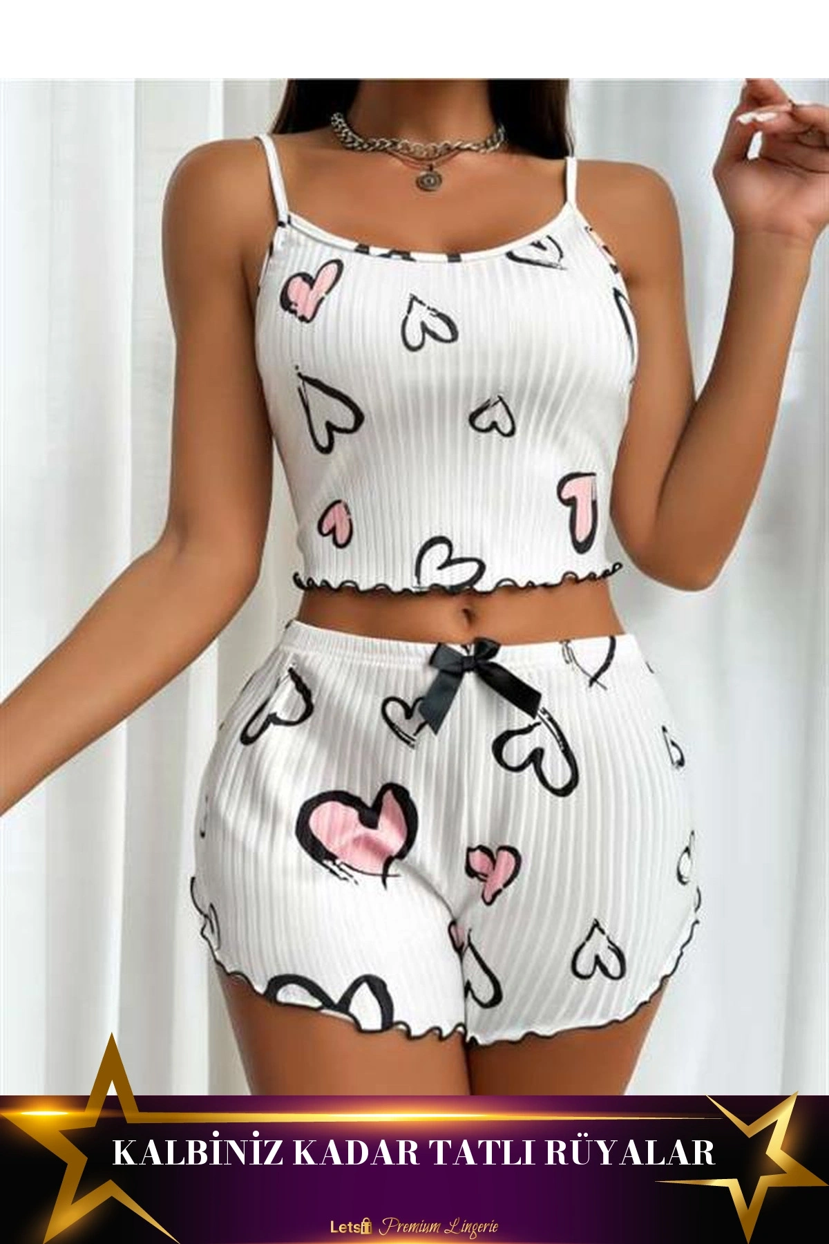 Kalp Desenli Askılı Şortlu Pijama Takımı Standart Renk