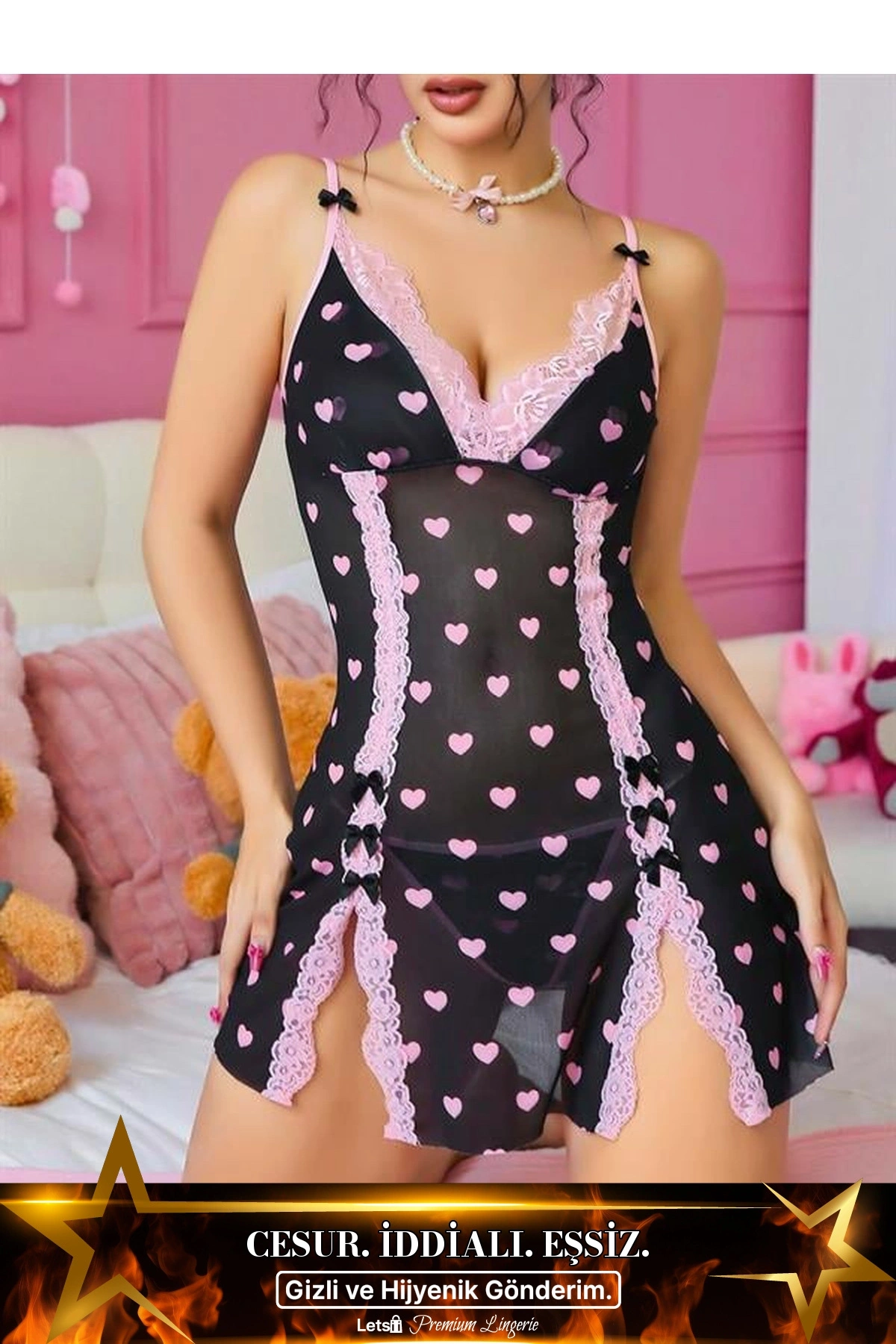 Kalp Desenli Dantel İşlemeli Fantezi Gecelik Siyah Renk