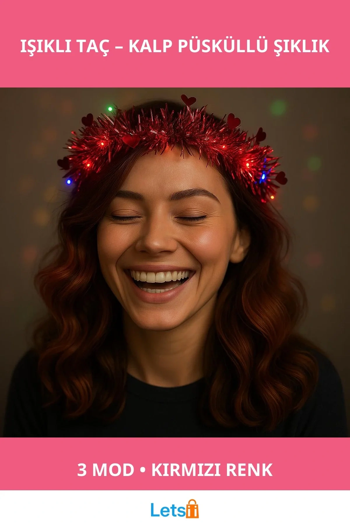 Kalp Püsküllü 3 Modlu LED Işıklı Taç Kırmızı Renk