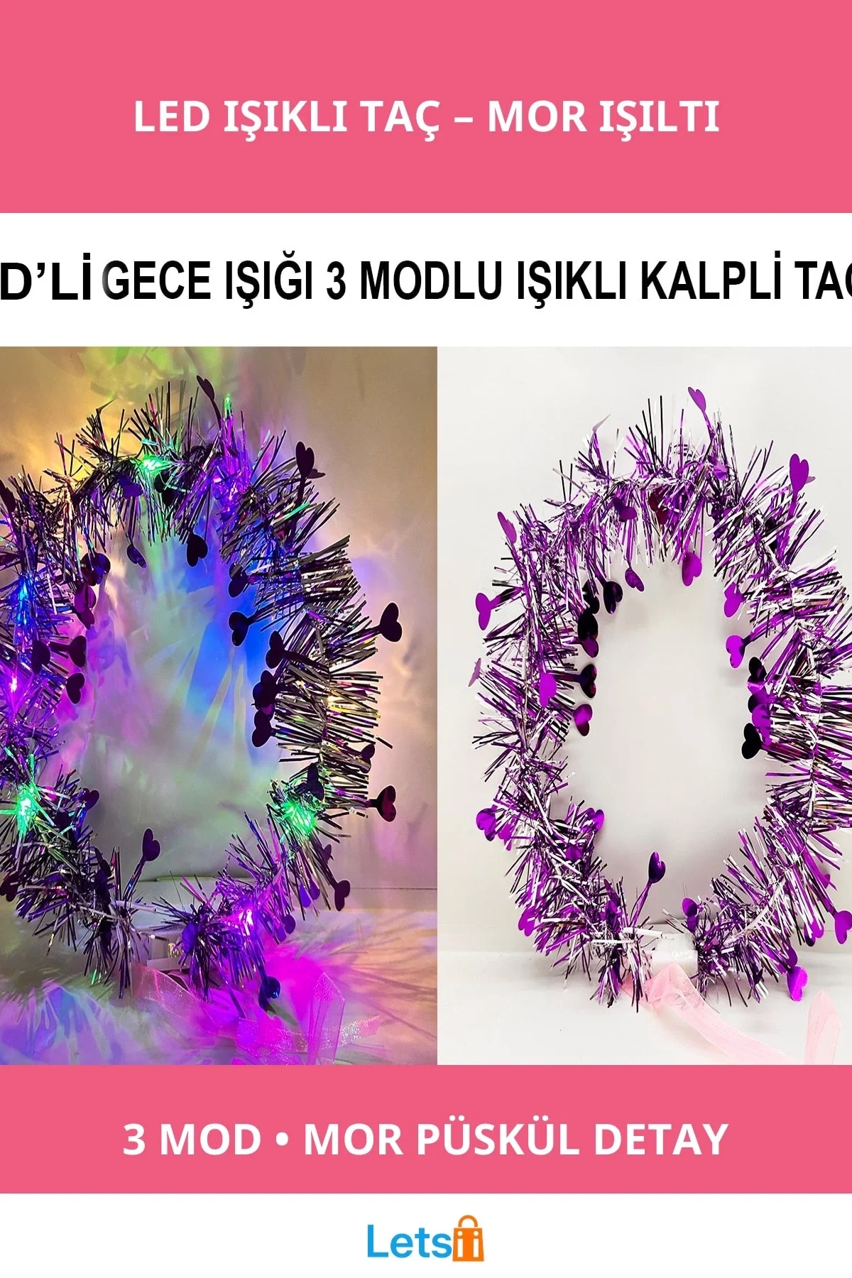 Kalp Püsküllü 3 Modlu LED Işıklı Taç Mor Renk