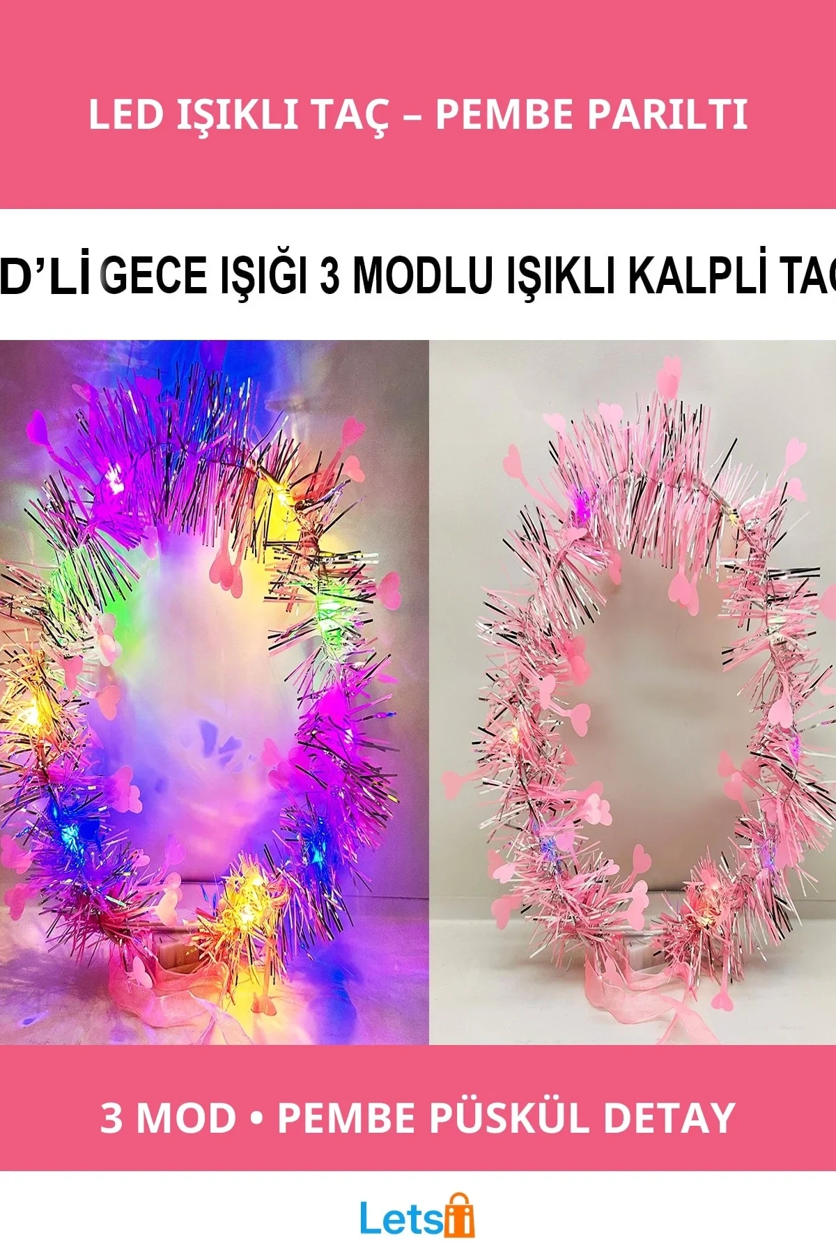 Kalp Püsküllü 3 Modlu LED Işıklı Taç Pembe Renk Partisi Aksesuarı