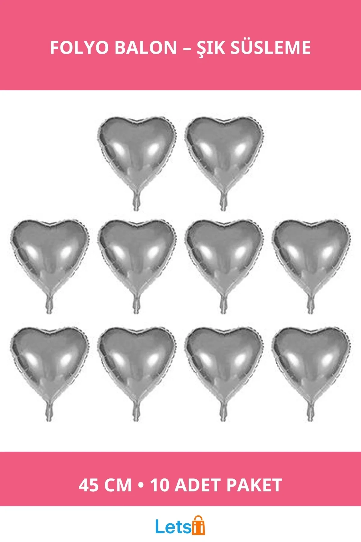 Kalp Şekilli Gümüş Renk Folyo Balon 45 cm 10 Adet