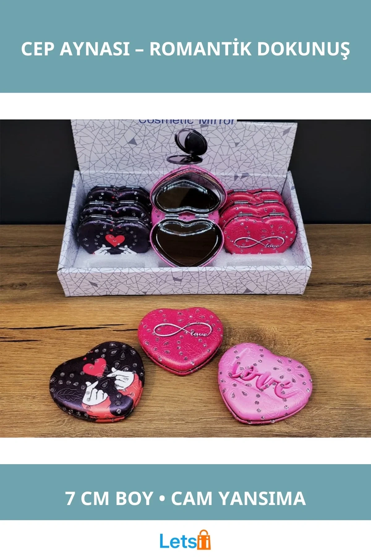 Kalpli Love Tasarımlı Şık Cep Aynası 7 cm