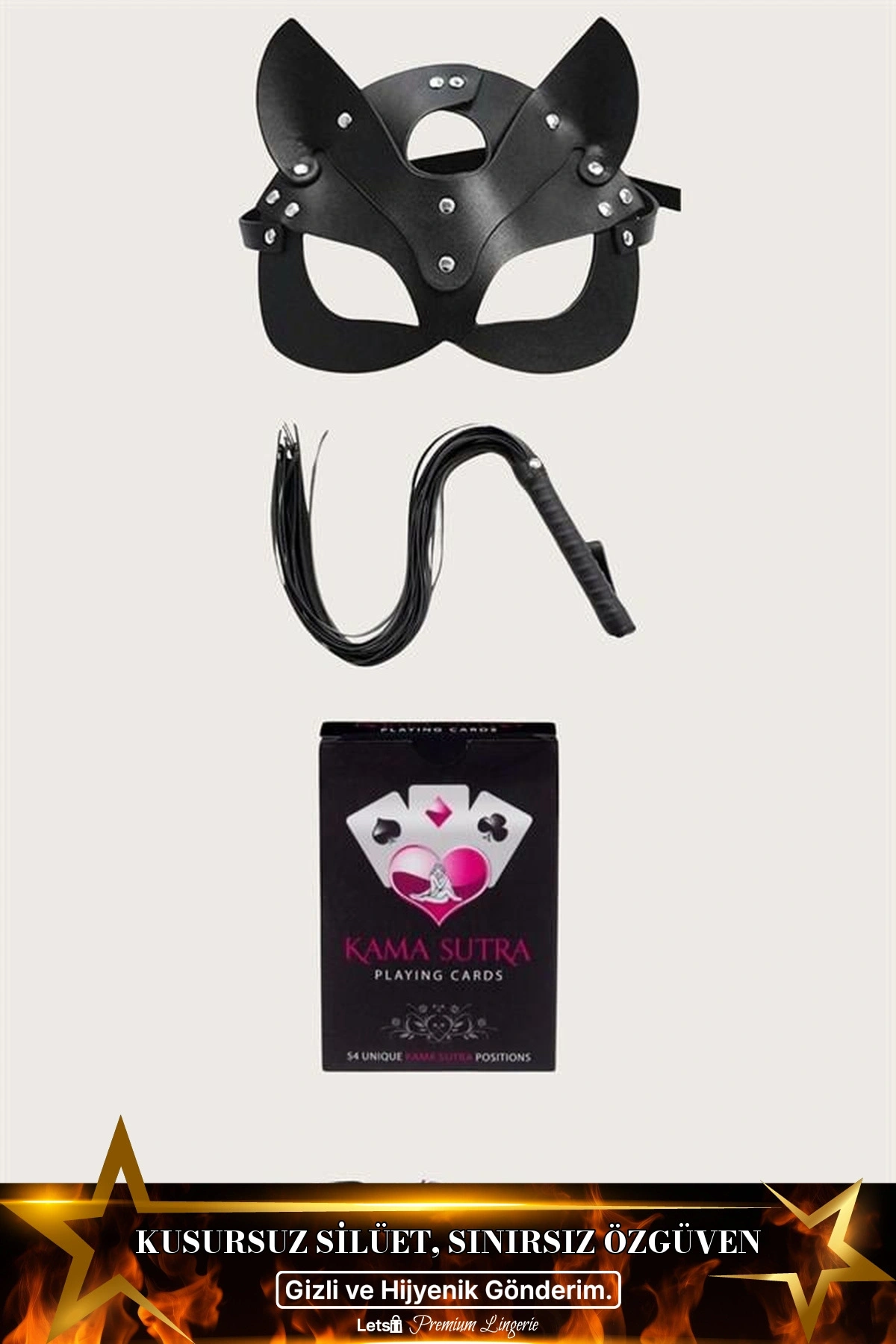 Kama Sutra Temalı Oyun Kartı Kırbaç Maske Seti Siyah Renk