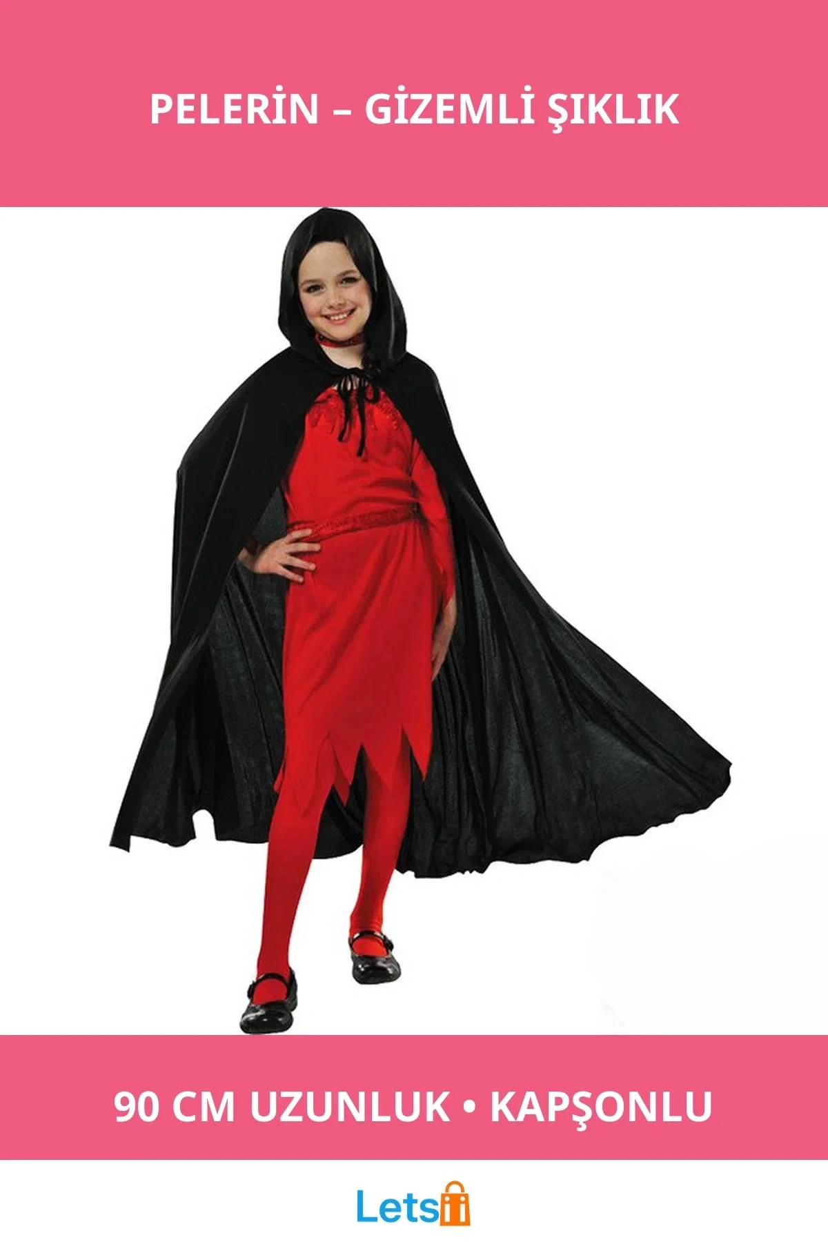 Kapşonlu Siyah Pelerin 90 cm Kadın ve Erkek Kostüm Aksesuarı