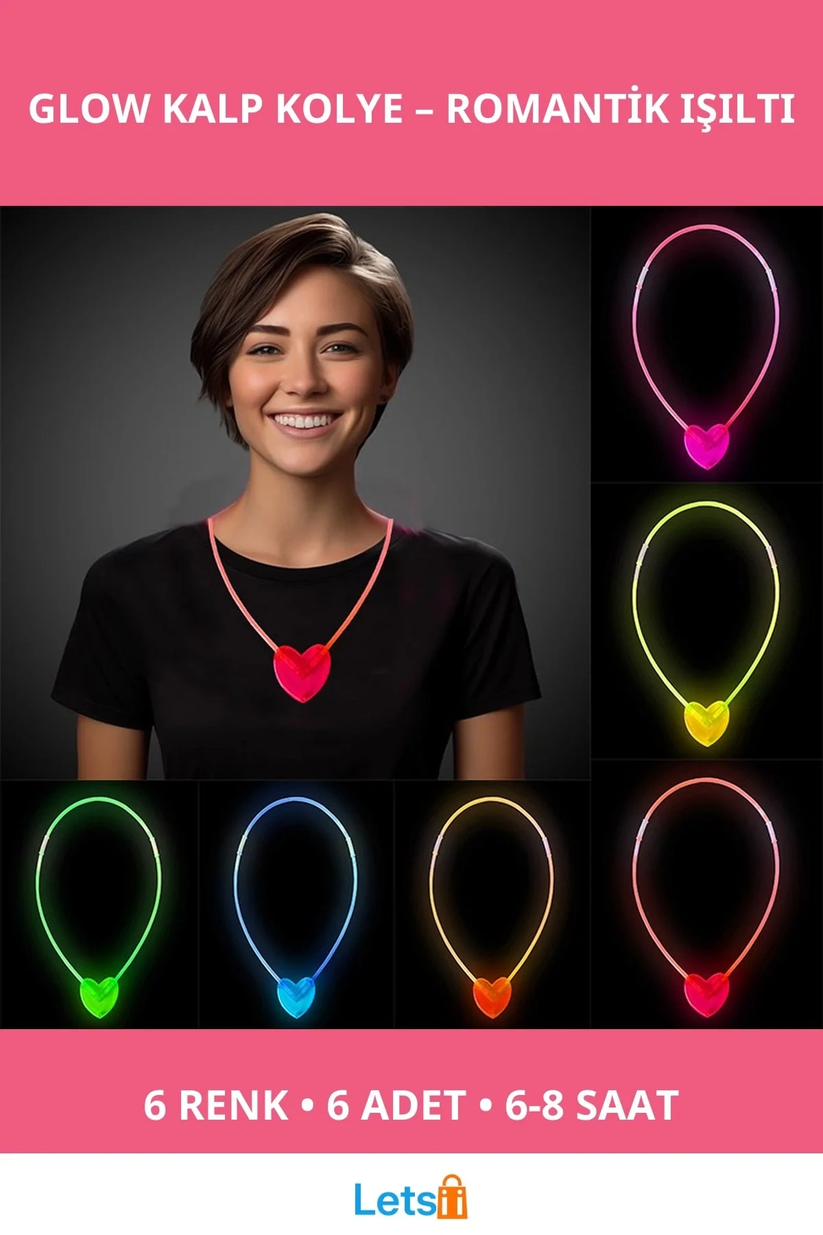Karanlıkta Parlayan Kalp Şekilli 6 Adet Kolye Seti