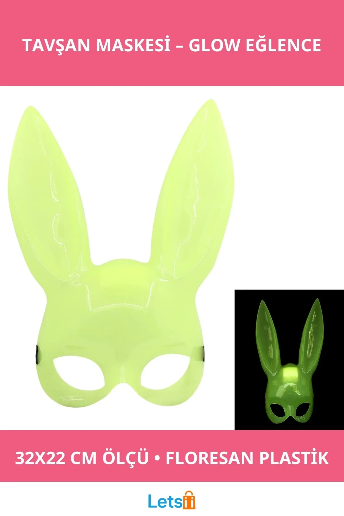 Karanlıkta Yanan Glow Floresan Tavşan Maskesi 32x22 cm