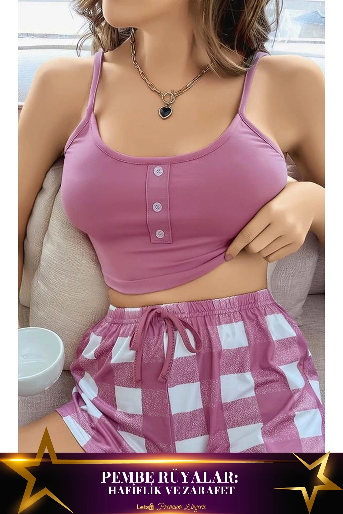 Kareli Desenli Askılı Şortlu Pijama Takımı Pembe Renk