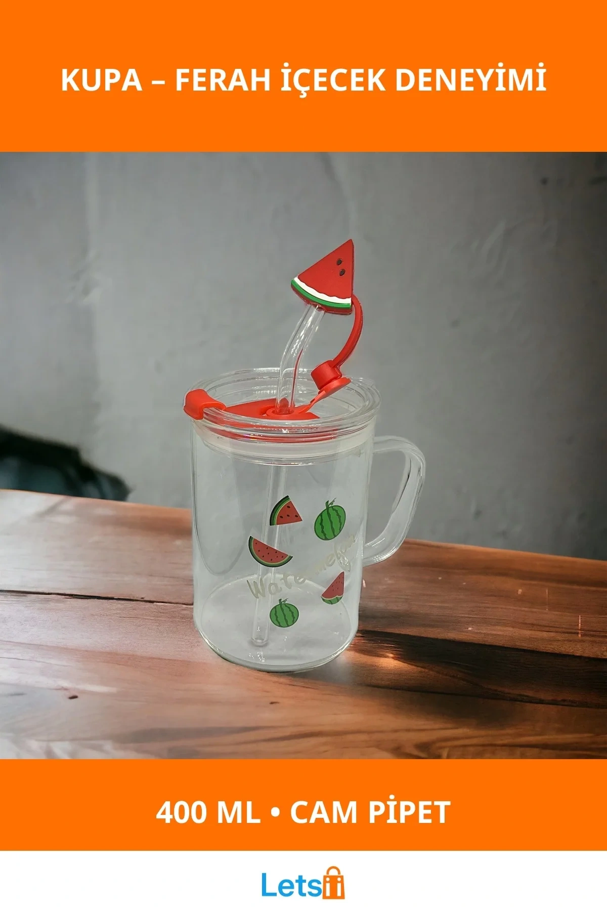 Karpuz Tasarımlı Cam Pipetli Şık Kupa Bardak 400 ml