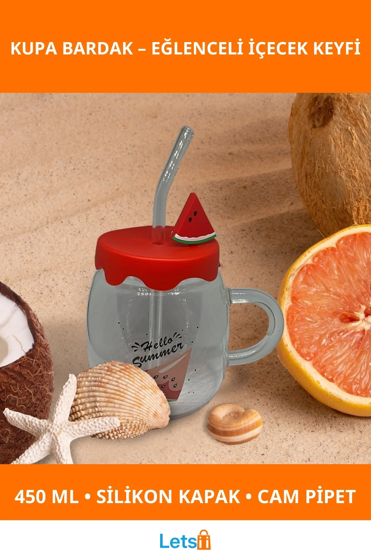 Karpuz Tasarımlı Silikon Kapaklı Cam Kupa Bardak 450 ml