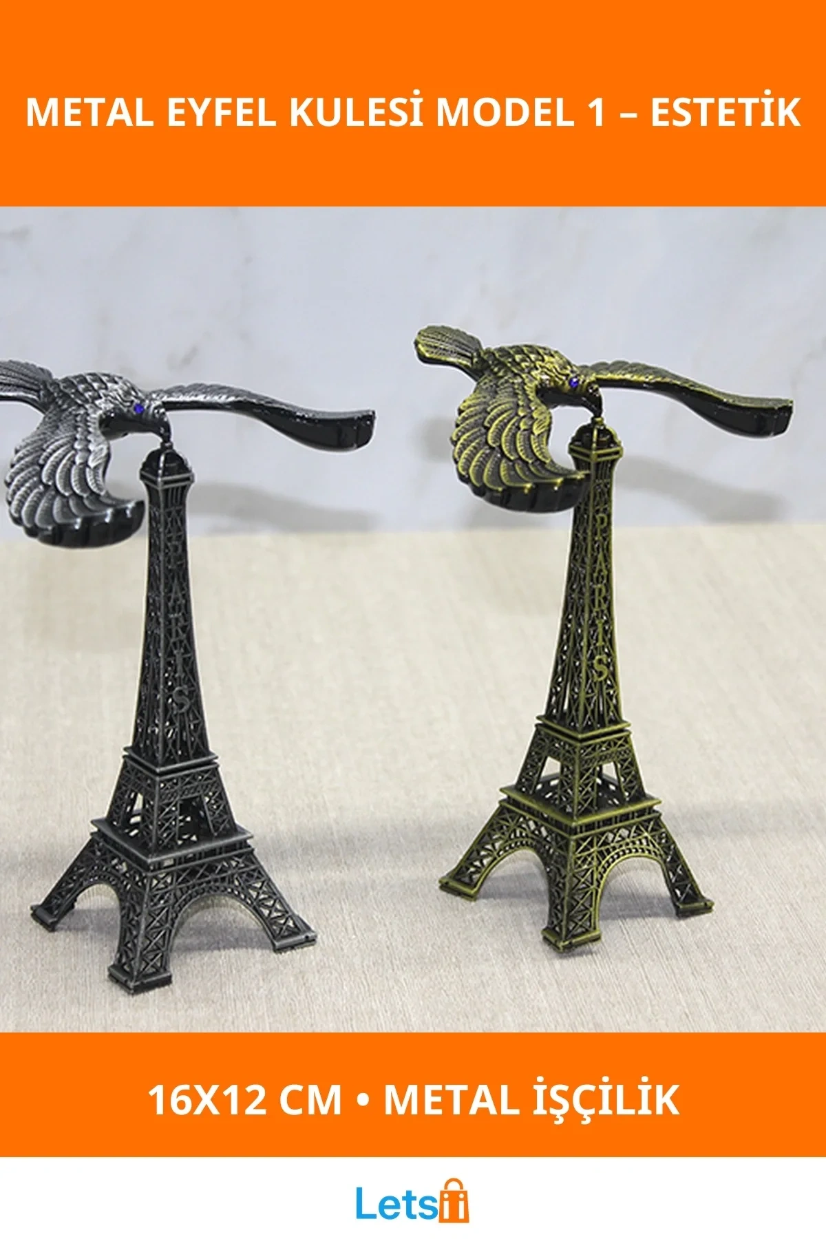 Kartallı Metal Eyfel Kulesi 16x12 cm Antik Altın ve Siyah Dekoratif Obje