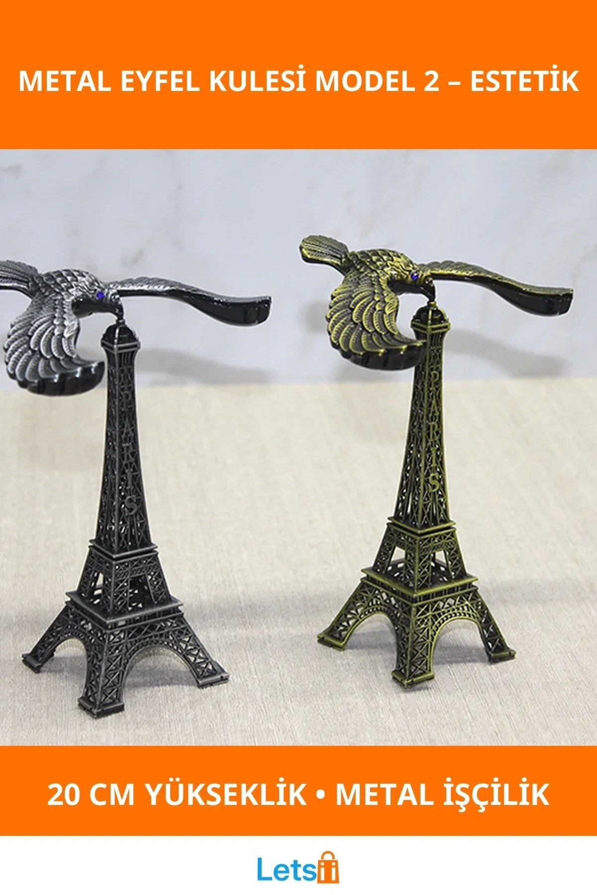 Kartallı Metal Eyfel Kulesi 20 cm Antik Altın ve Siyah Dekoratif Obje