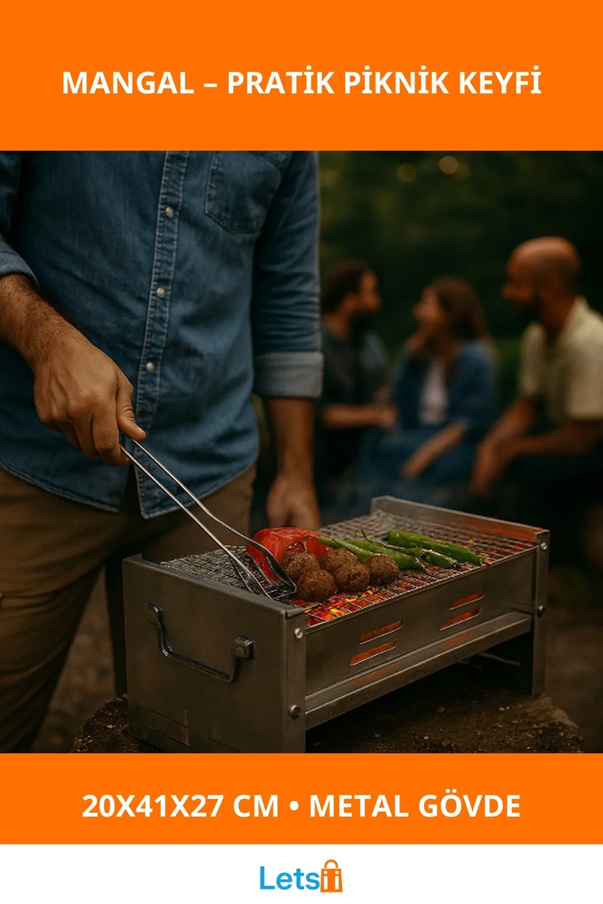 Katlanabilir Metal Mangal 20x41x27 cm Pratik Taşıma Koluyla