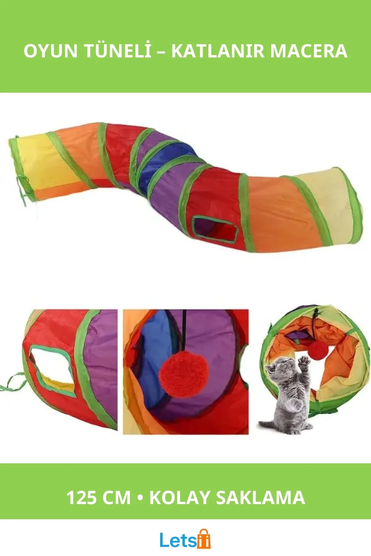 Katlanabilir Polyesterdan Yapılmış Kedi Oyun Tüneli 125 cm