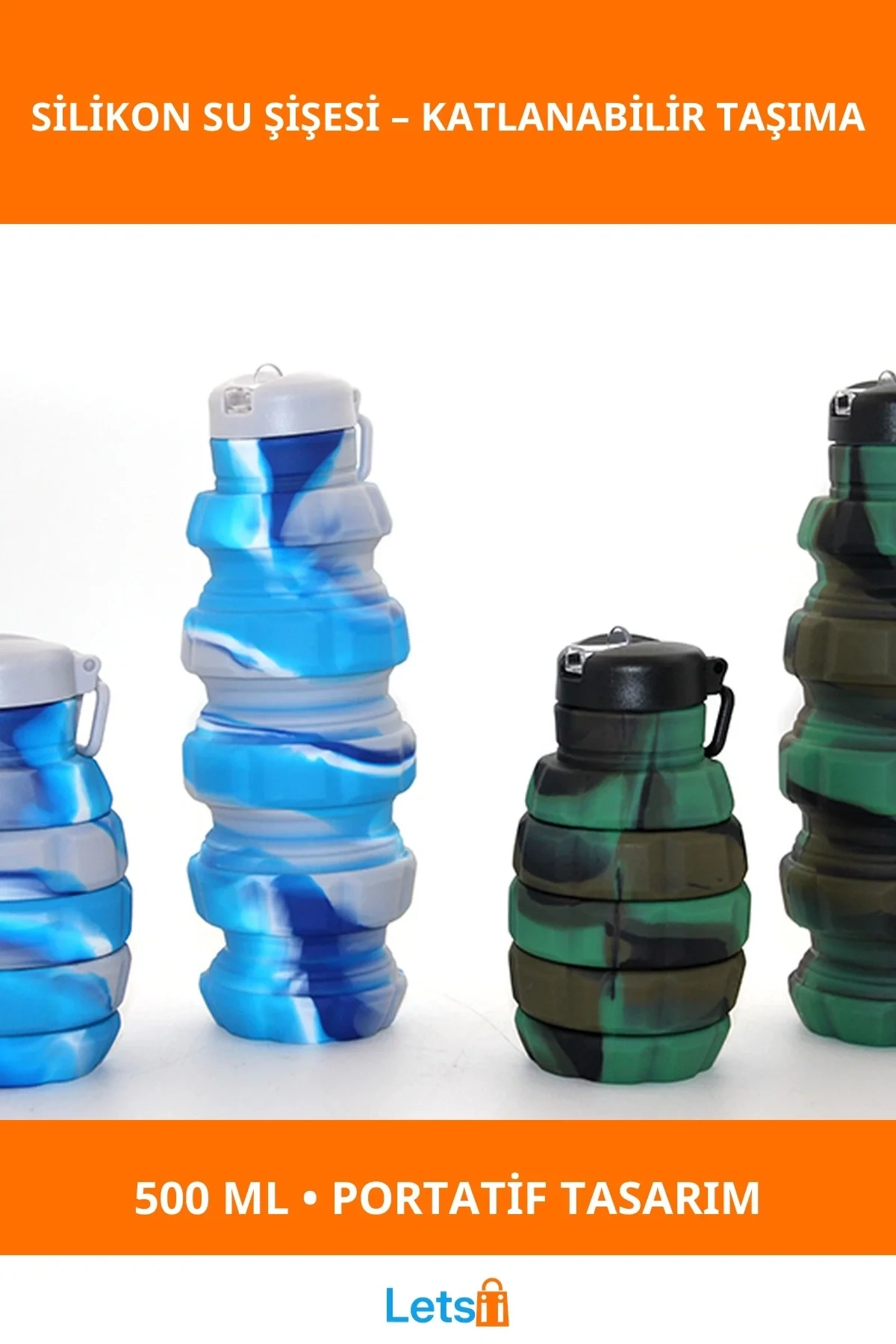 Katlanabilir Portatif El Bombası Tasarımlı Silikon Su Şişesi 500 Ml