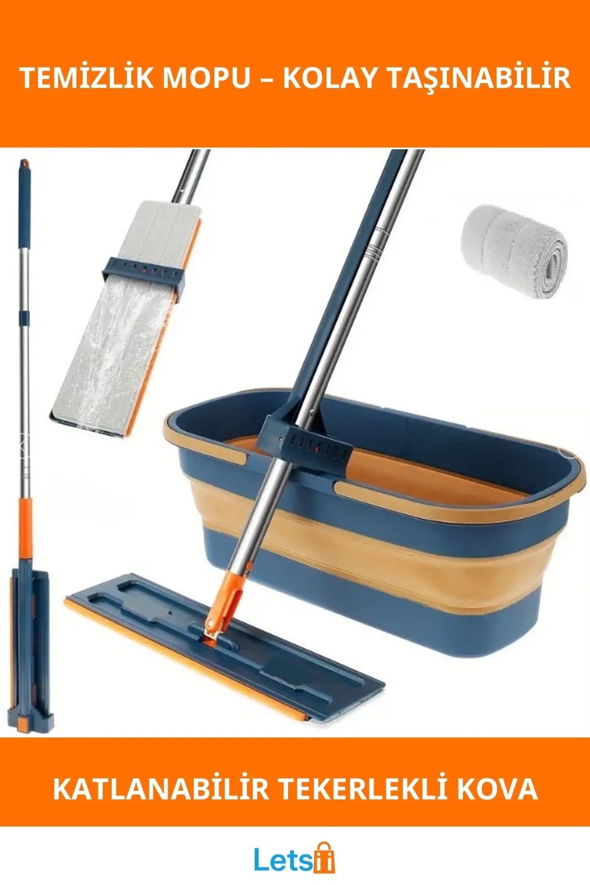 Katlanabilir Tekerlekli Kova ile Mikrofiber Temizlik Mopu 130 cm