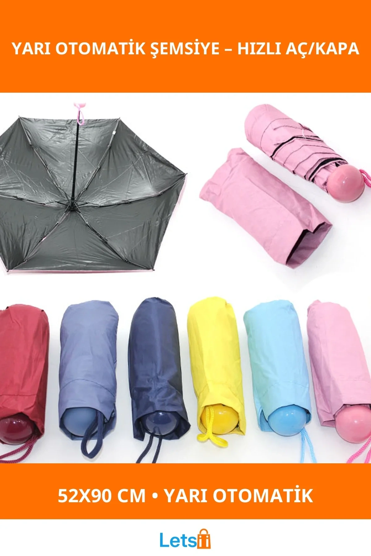 Katlanabilir Yarı Otomatik Şemsiye 52x90 cm Dayanıklı Su Geçirmez