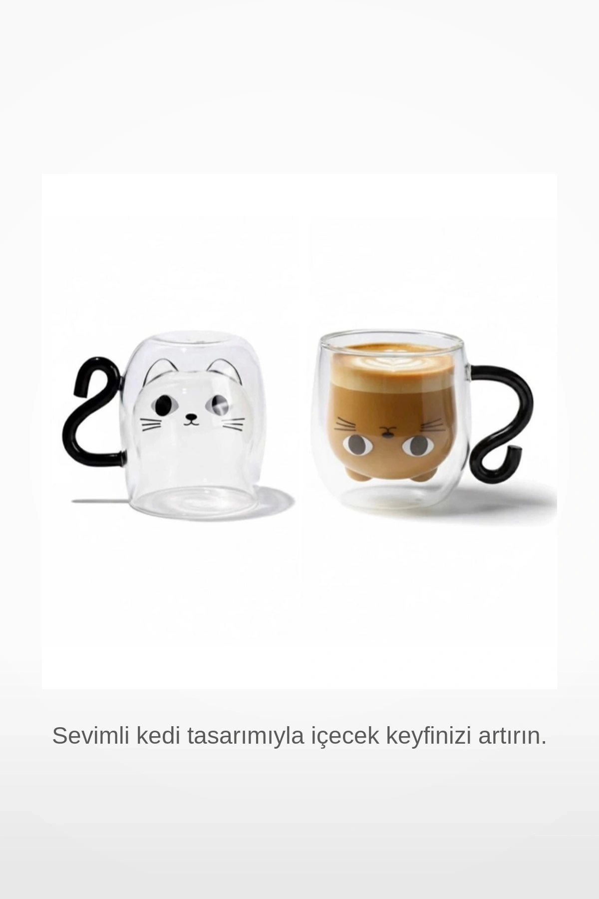 Kedi Figürlü Çift Cidarlı Borosilikat Cam Bardak 330 ml Isı Yalıtımlı Latte Kahve Kupası