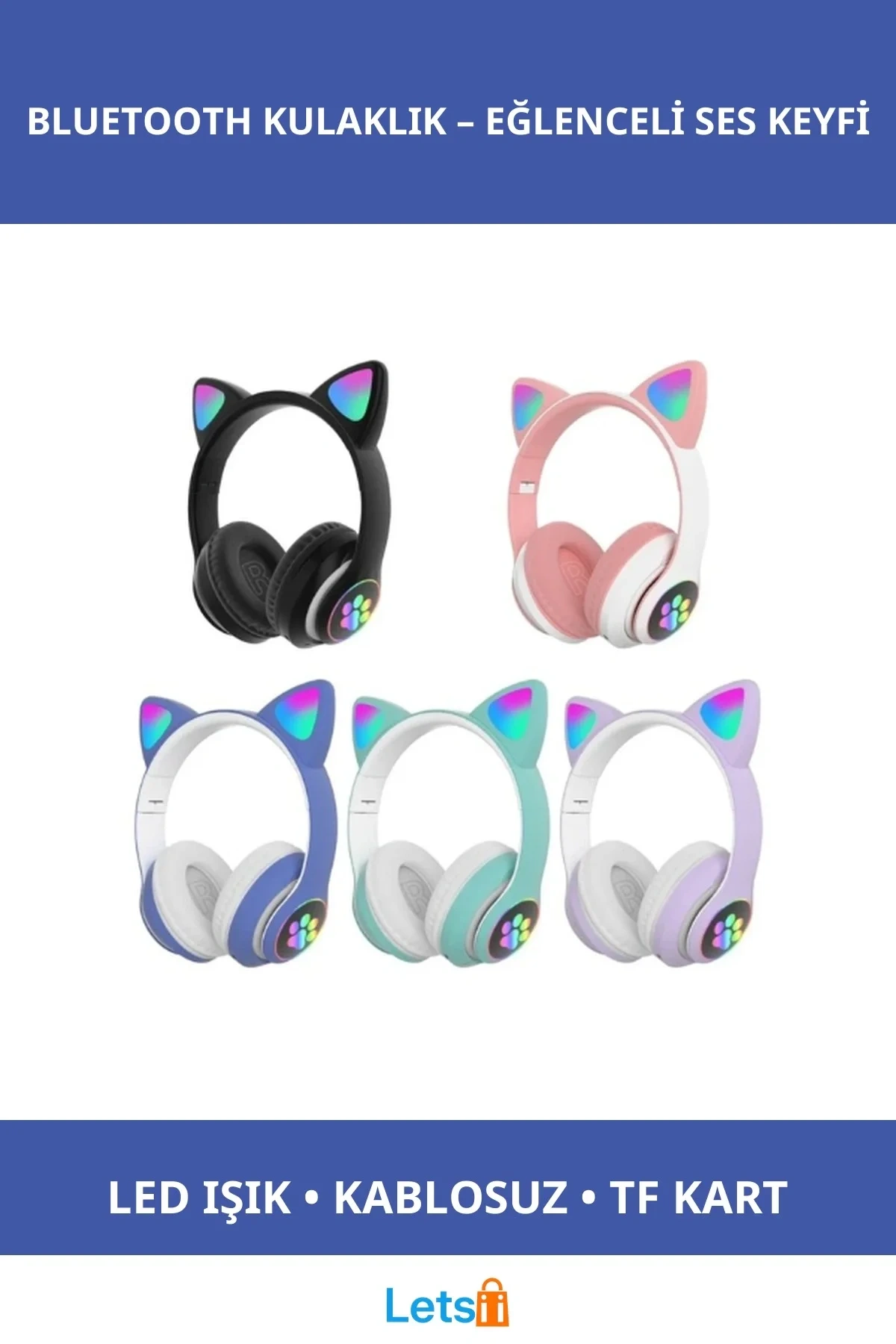 Kedi Figürlü Eğlenceli Bluetooth Kulaklık LED Işıklı