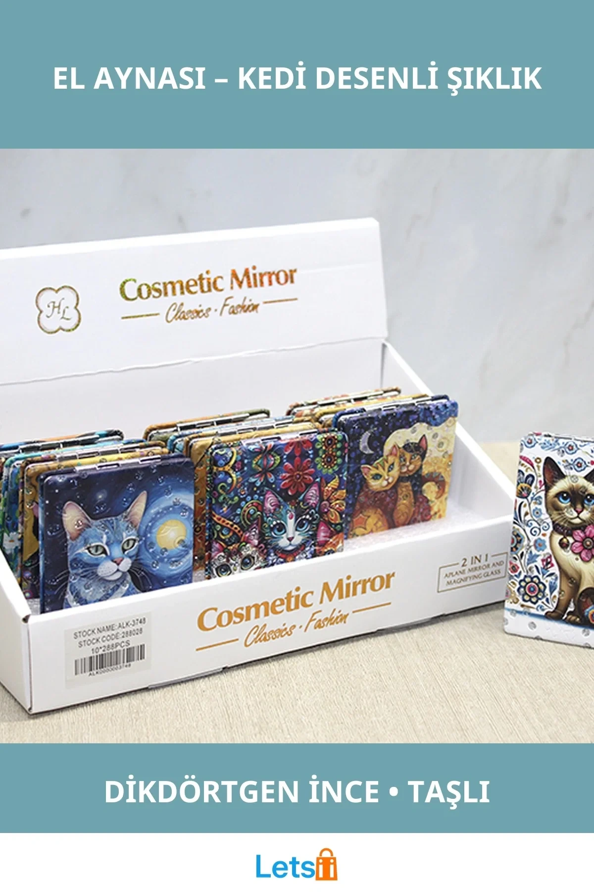 Kedi Taşlı Şık El Aynası Dikdörtgen İnce