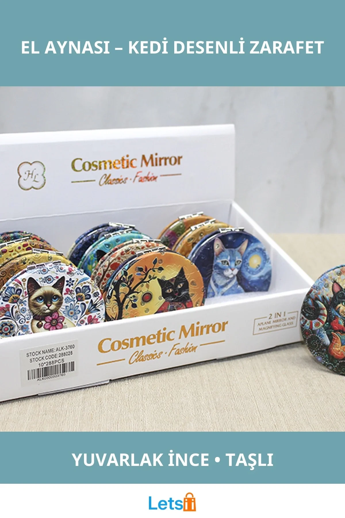 Kedi Taşlı Yuvarlak İnce El Aynası
