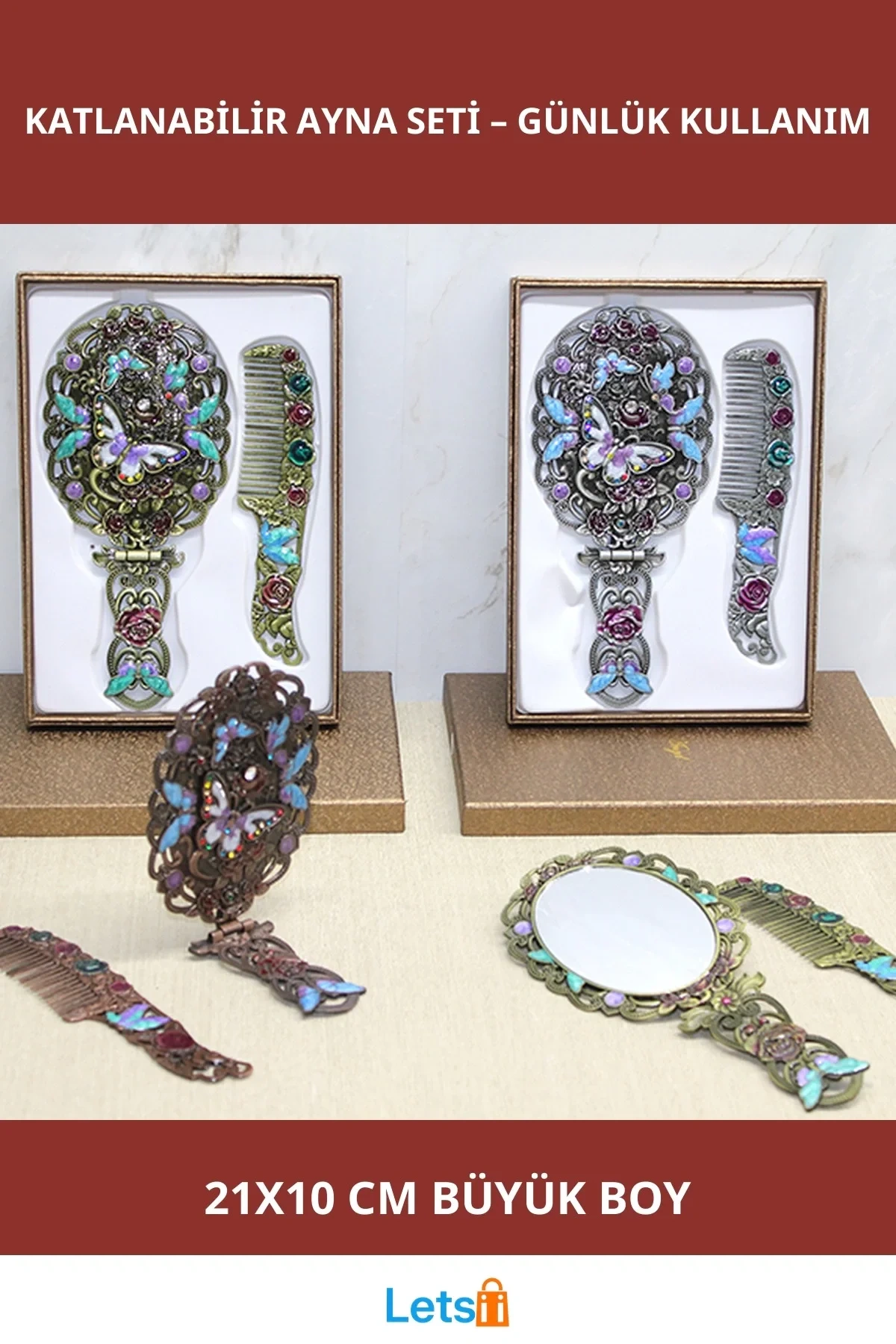 Kelebek Desenli Katlanabilir Ayna ve Tarak Seti Büyük Boy 21x10 cm