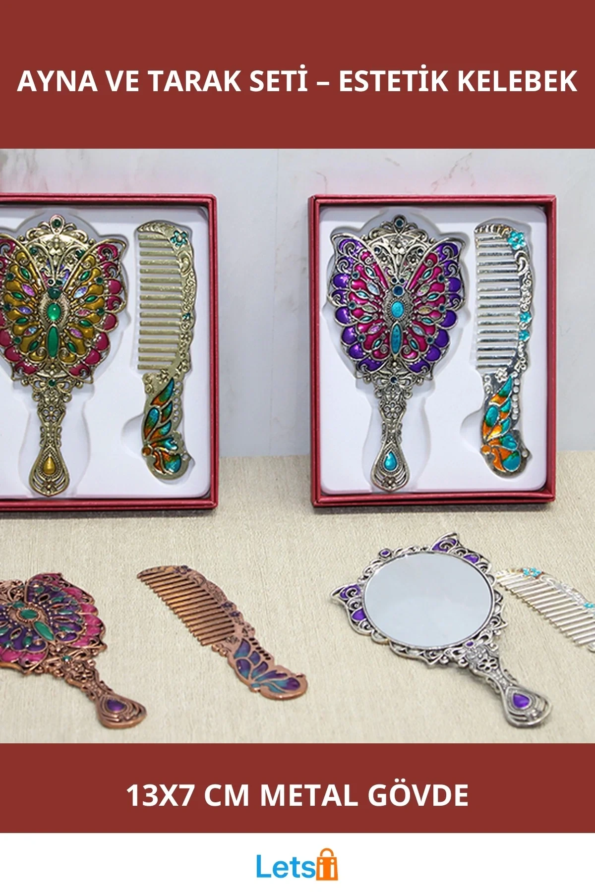 Kelebek Desenli Şık Ayna ve Tarak Seti Küçük Boy 13x7 cm