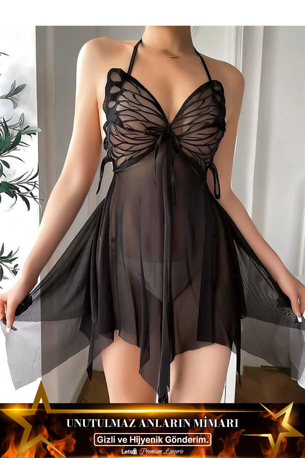 Kelebek Detaylı Fantezi Tül Gecelik Siyah Renk