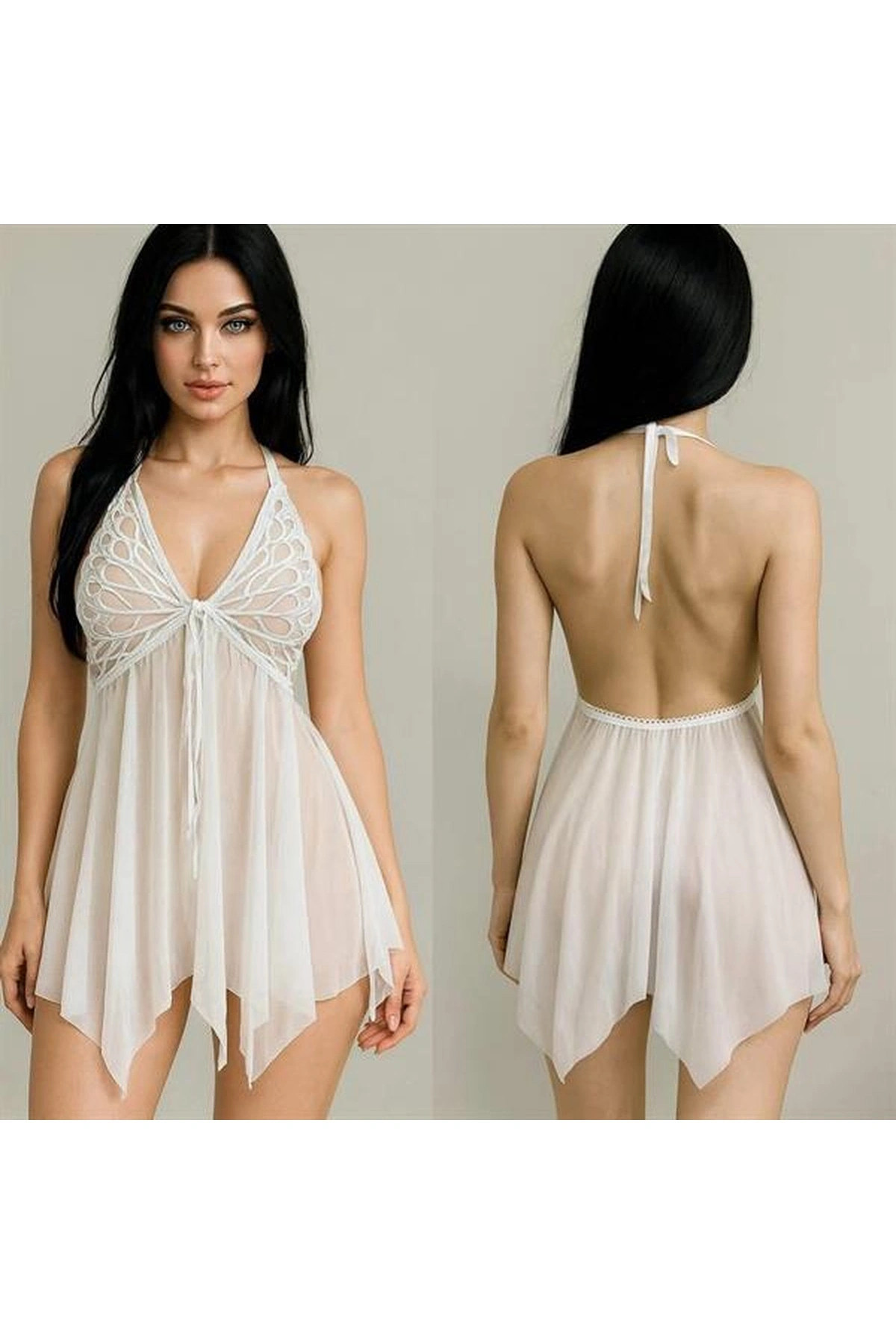 Kelebek Görünümlü Fantezi Tül Gecelik Beyaz Renk